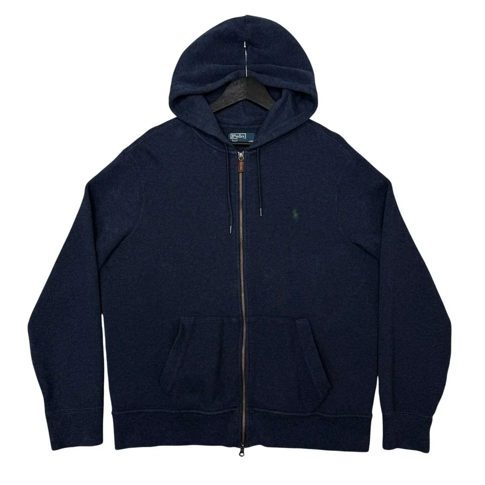 VTG Polo Ralph Lauren Knit Sweater Full Zip Hoodie Navy XL Leather Zip Preppy